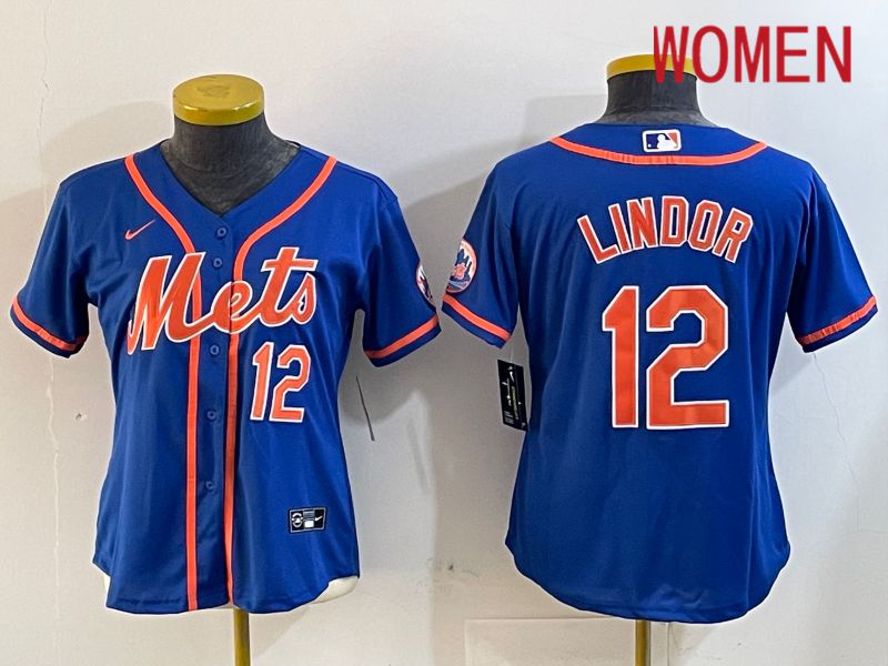 Women New York Mets #12 Lindor Blue Game 2024 Nike MLB Jersey style 1218